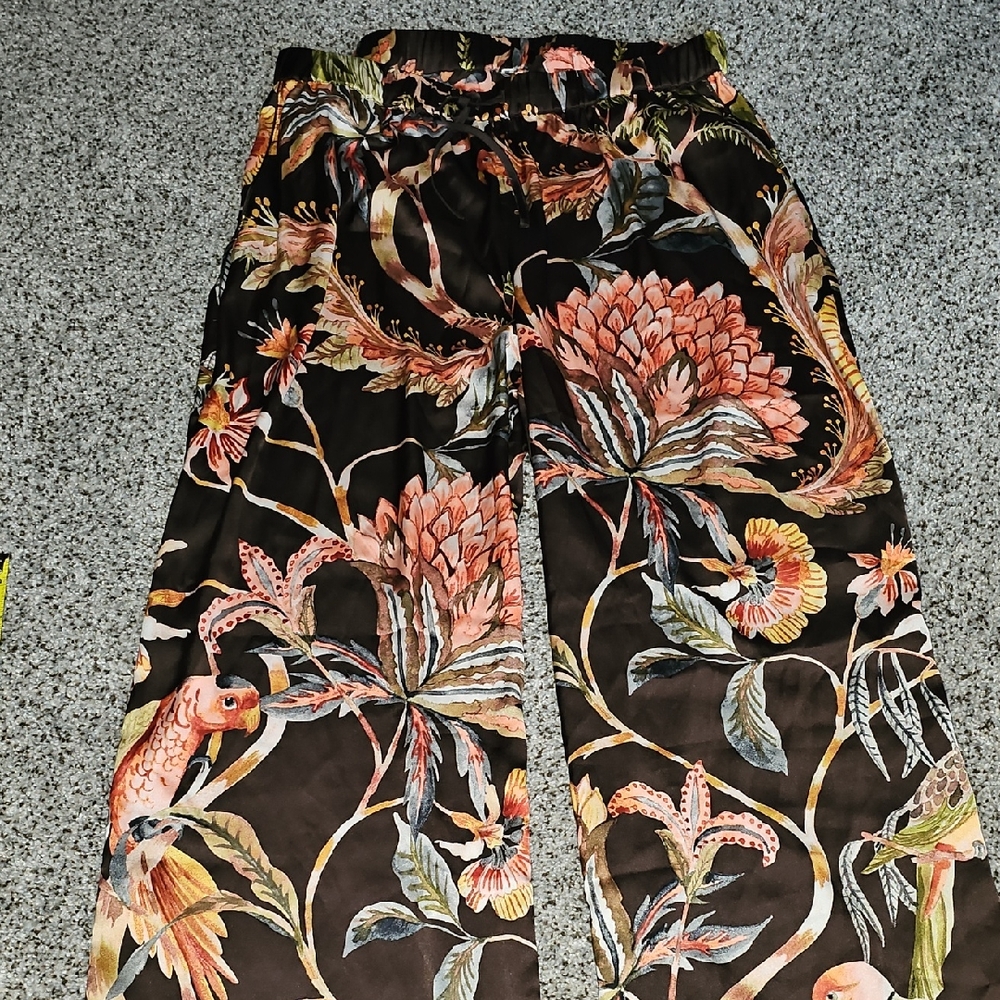 Soma Cool Nights Satin Parrot Diso Plume Floral Wide-Leg Pants Medium Large - Picture 2 of 10